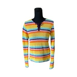 Vintage Lace Up Rainbow Knit Sweater - M